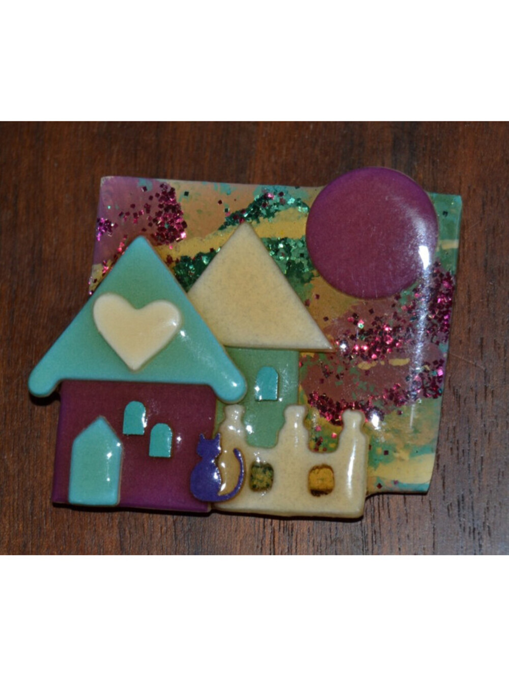 Vintage Lucinda House Pin Cat Heart Houses Resin Brooch 80s 90s Signed